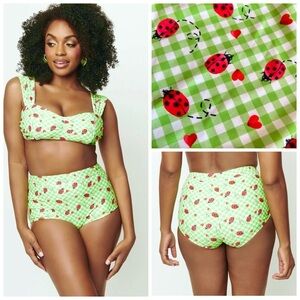 Unique Vintage Swim Ladybug Green Gingham Retro Pinup High Waist Bikini Bottoms
